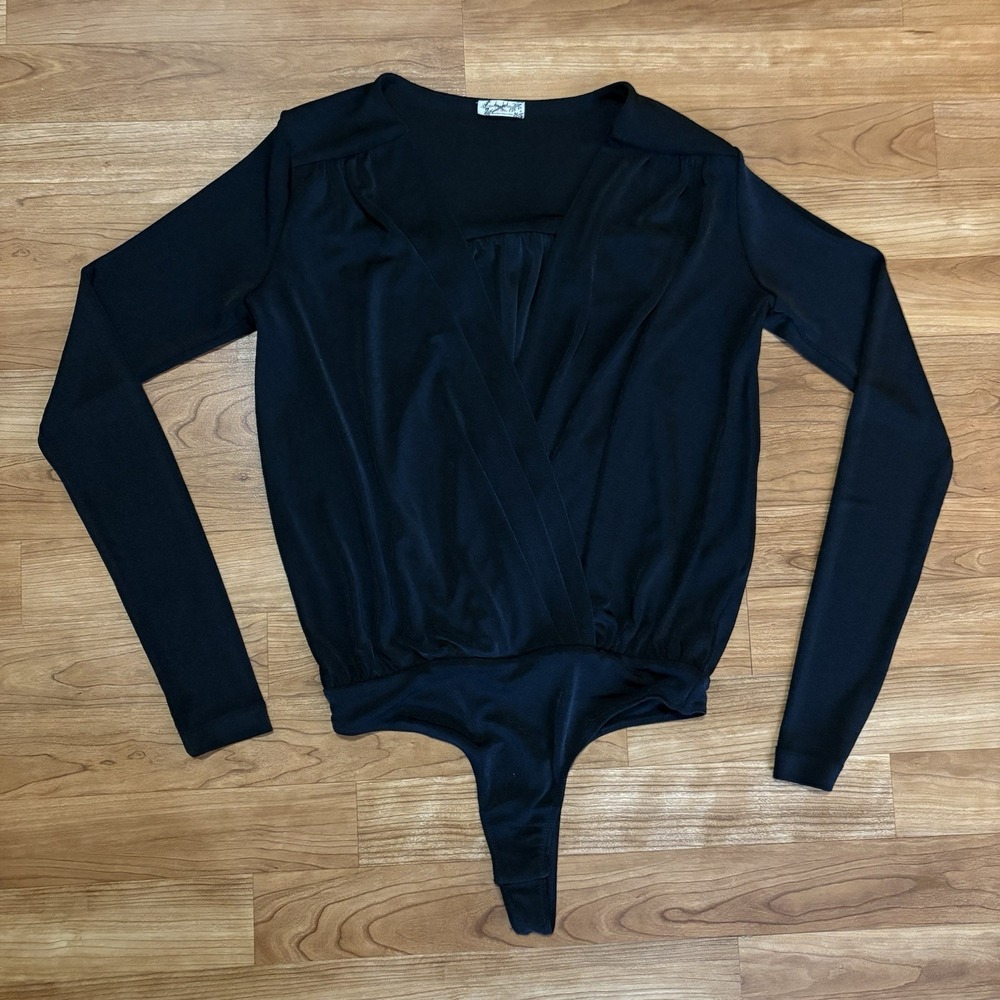 Free People Bodysuit Womens XS Black Long Sleeve Plunge Wrap Pleated Thong